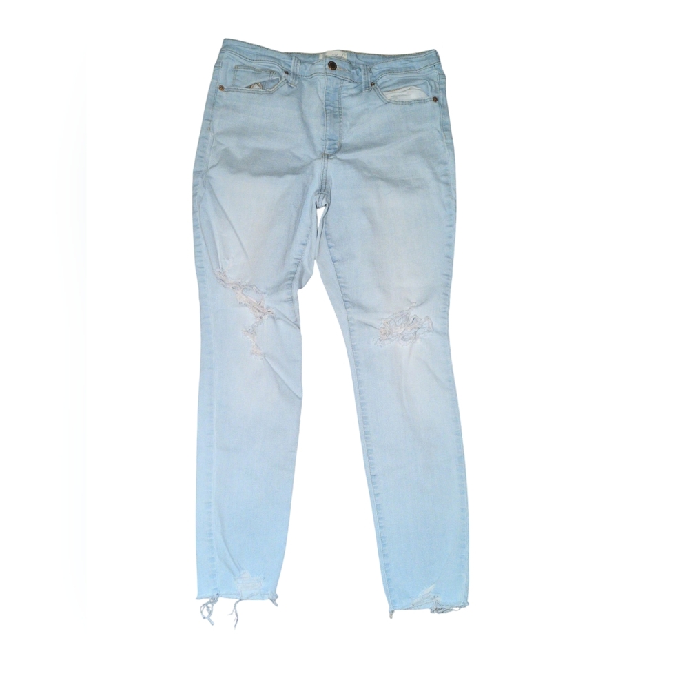 Blue Skinny Jeans with Cropped Leg and Faded Look